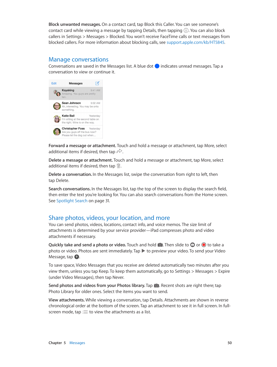 Manage conversations, Share photos, videos, your location, and more | Apple iPad iOS 8.1 User Manual | Page 50 / 164