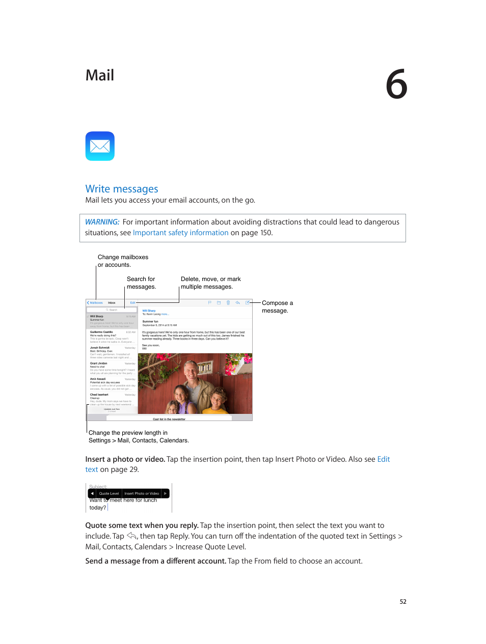 Chapter 6: mail, Write messages, 52 write messages | Mail | Apple iPad iOS 8.1 User Manual | Page 52 / 164
