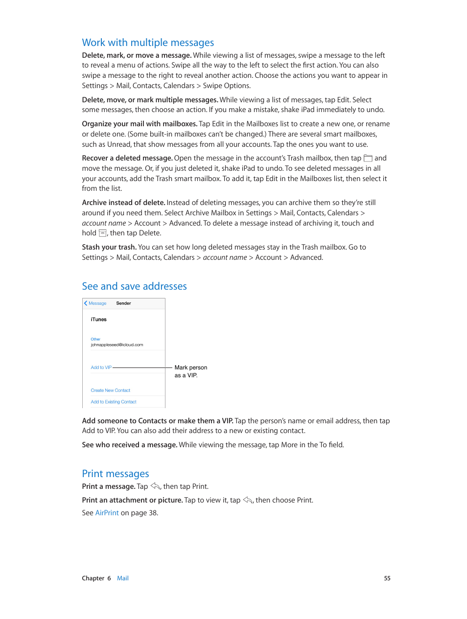 Work with multiple messages, See and save addresses, Print messages | Apple iPad iOS 8.1 User Manual | Page 55 / 164