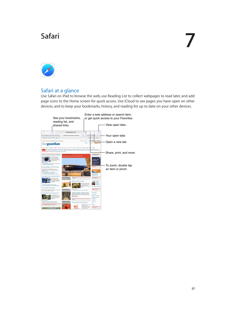 Chapter 7: safari, Safari at a glance, 57 safari at a glance | Safari | Apple iPad iOS 8.1 User Manual | Page 57 / 164