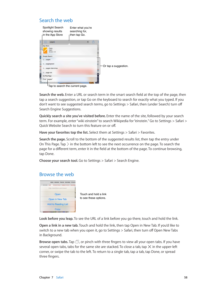 Search the web, Browse the web, 58 search the web 58 browse the web | Apple iPad iOS 8.1 User Manual | Page 58 / 164