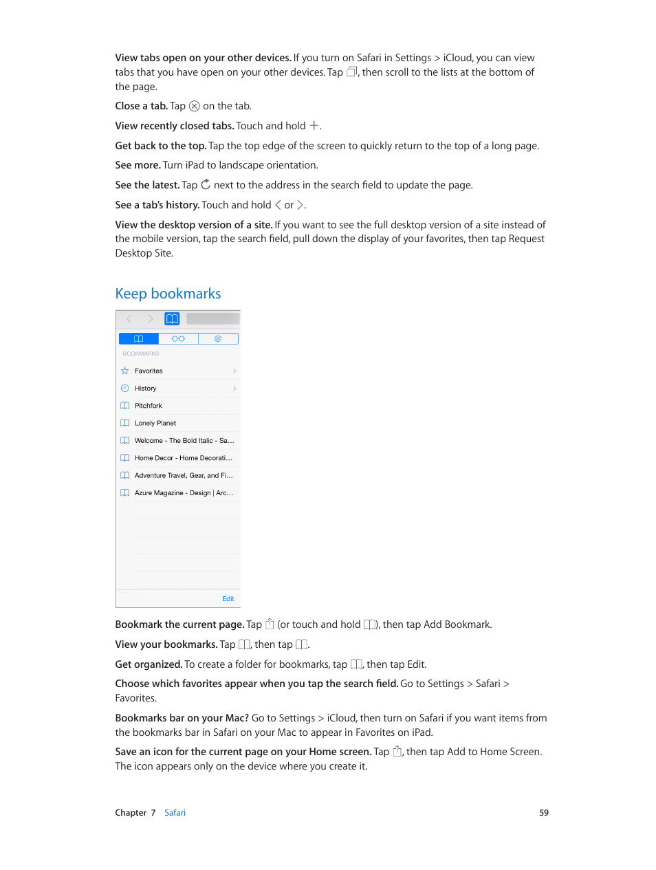 Keep bookmarks, 59 keep bookmarks | Apple iPad iOS 8.1 User Manual | Page 59 / 164