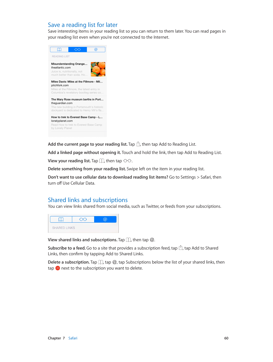 Save a reading list for later, Shared links and subscriptions | Apple iPad iOS 8.1 User Manual | Page 60 / 164