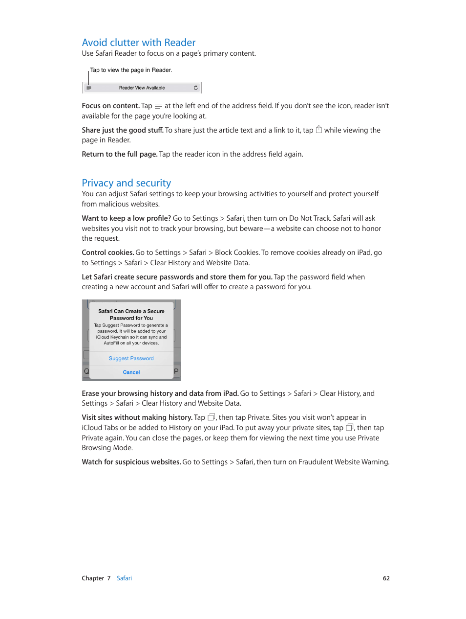 Avoid clutter with reader, Privacy and security | Apple iPad iOS 8.1 User Manual | Page 62 / 164