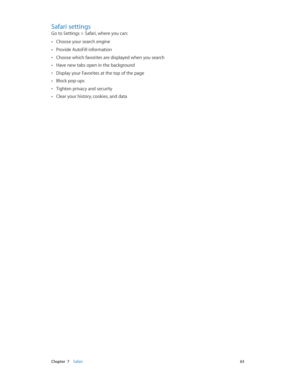 Safari settings, 63 safari settings | Apple iPad iOS 8.1 User Manual | Page 63 / 164