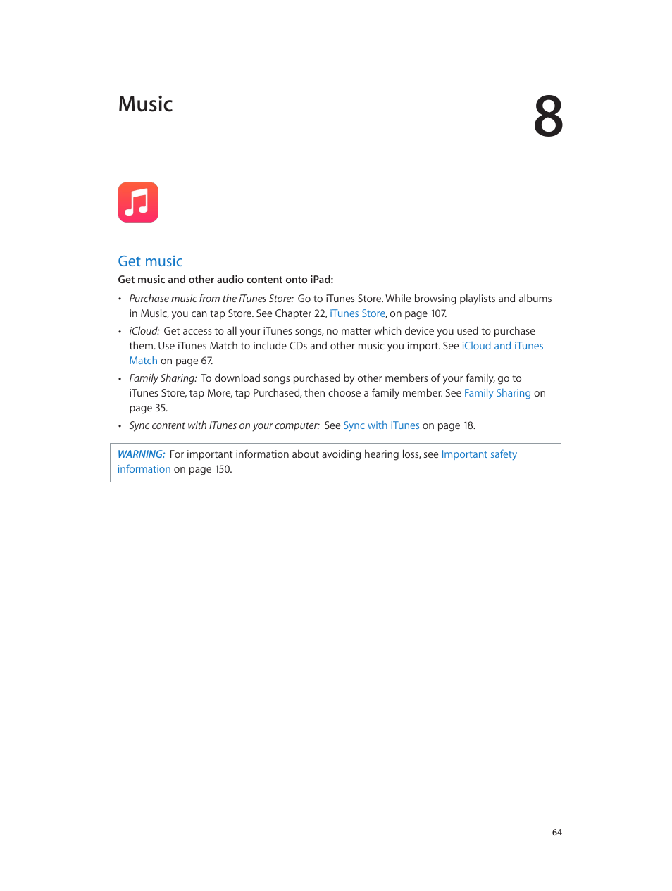 Chapter 8: music, Get music, 64 get music | Music | Apple iPad iOS 8.1 User Manual | Page 64 / 164