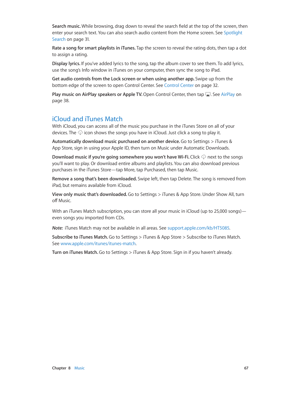 Icloud and itunes match, 67 icloud and itunes match, Icloud and itunes | Match | Apple iPad iOS 8.1 User Manual | Page 67 / 164