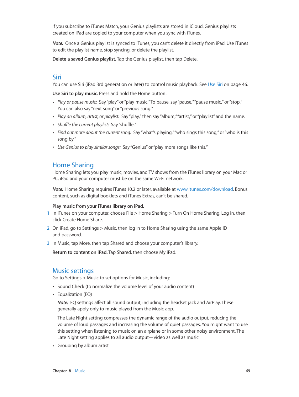 Siri, Home sharing, Music settings | 69 siri 69 home sharing 69 music settings | Apple iPad iOS 8.1 User Manual | Page 69 / 164