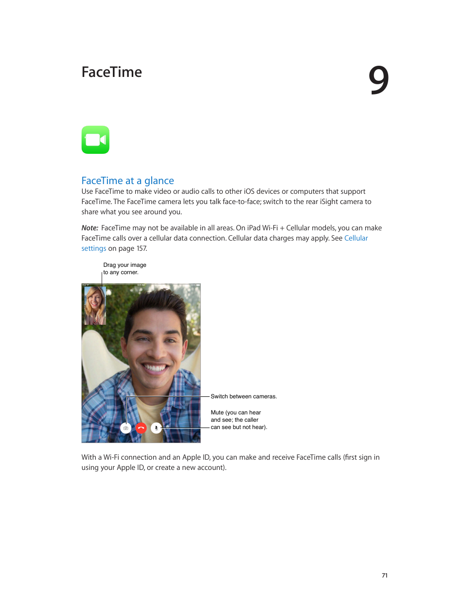 Chapter 9: facetime, Facetime at a glance, 71 facetime at a glance | Facetime | Apple iPad iOS 8.1 User Manual | Page 71 / 164