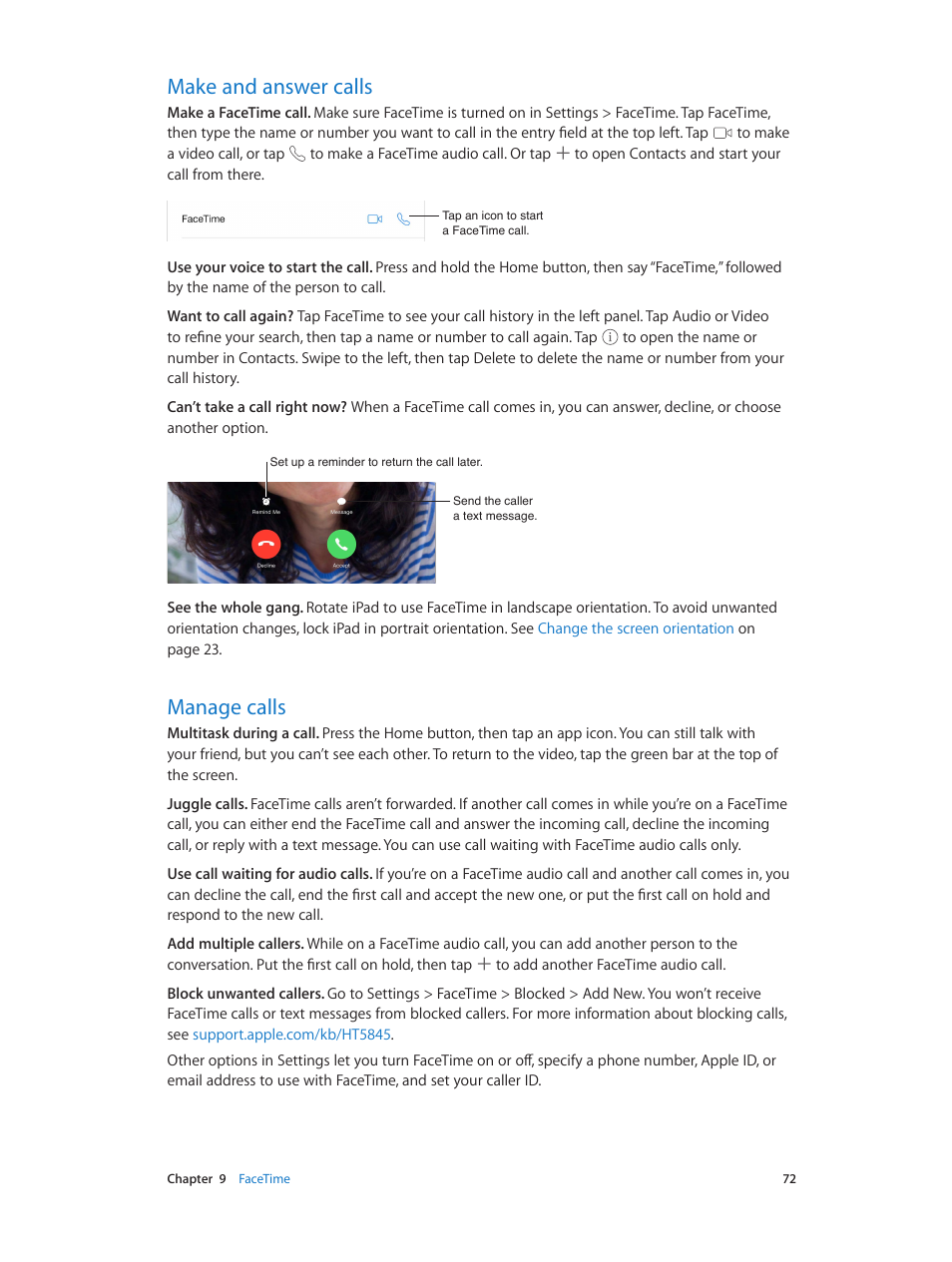 Make and answer calls, Manage calls, 72 make and answer calls 72 manage calls | Apple iPad iOS 8.1 User Manual | Page 72 / 164