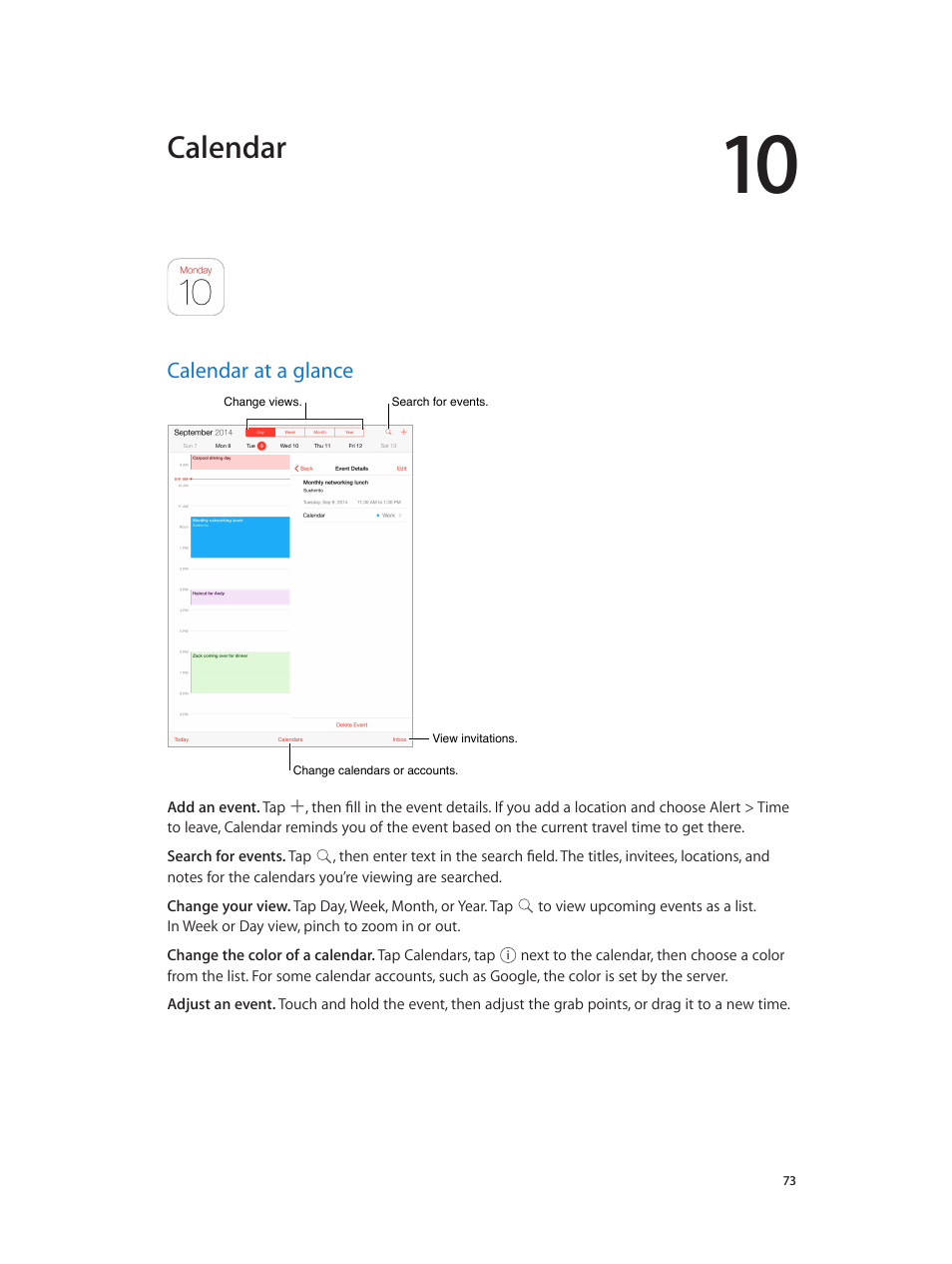 Chapter 10: calendar, Calendar at a glance, 73 calendar at a glance | Calendar | Apple iPad iOS 8.1 User Manual | Page 73 / 164