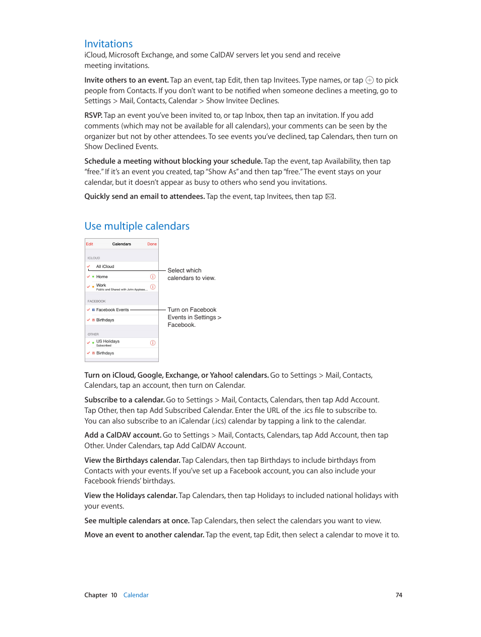 Invitations, Use multiple calendars, 74 invitations 74 use multiple calendars | Apple iPad iOS 8.1 User Manual | Page 74 / 164