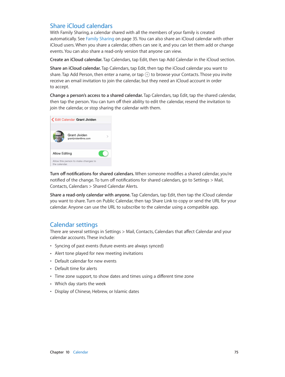 Share icloud calendars, Calendar settings, 75 share icloud calendars 75 calendar settings | Apple iPad iOS 8.1 User Manual | Page 75 / 164