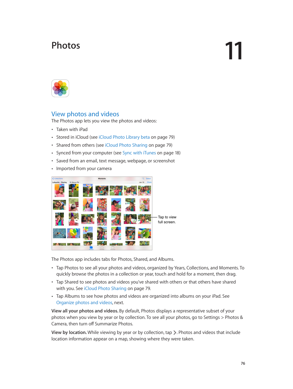 Chapter 11: photos, View photos and videos, 76 view photos and videos | Photos | Apple iPad iOS 8.1 User Manual | Page 76 / 164