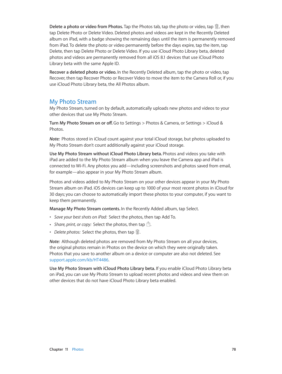 My photo stream, 78 my photo stream, E (see | Apple iPad iOS 8.1 User Manual | Page 78 / 164