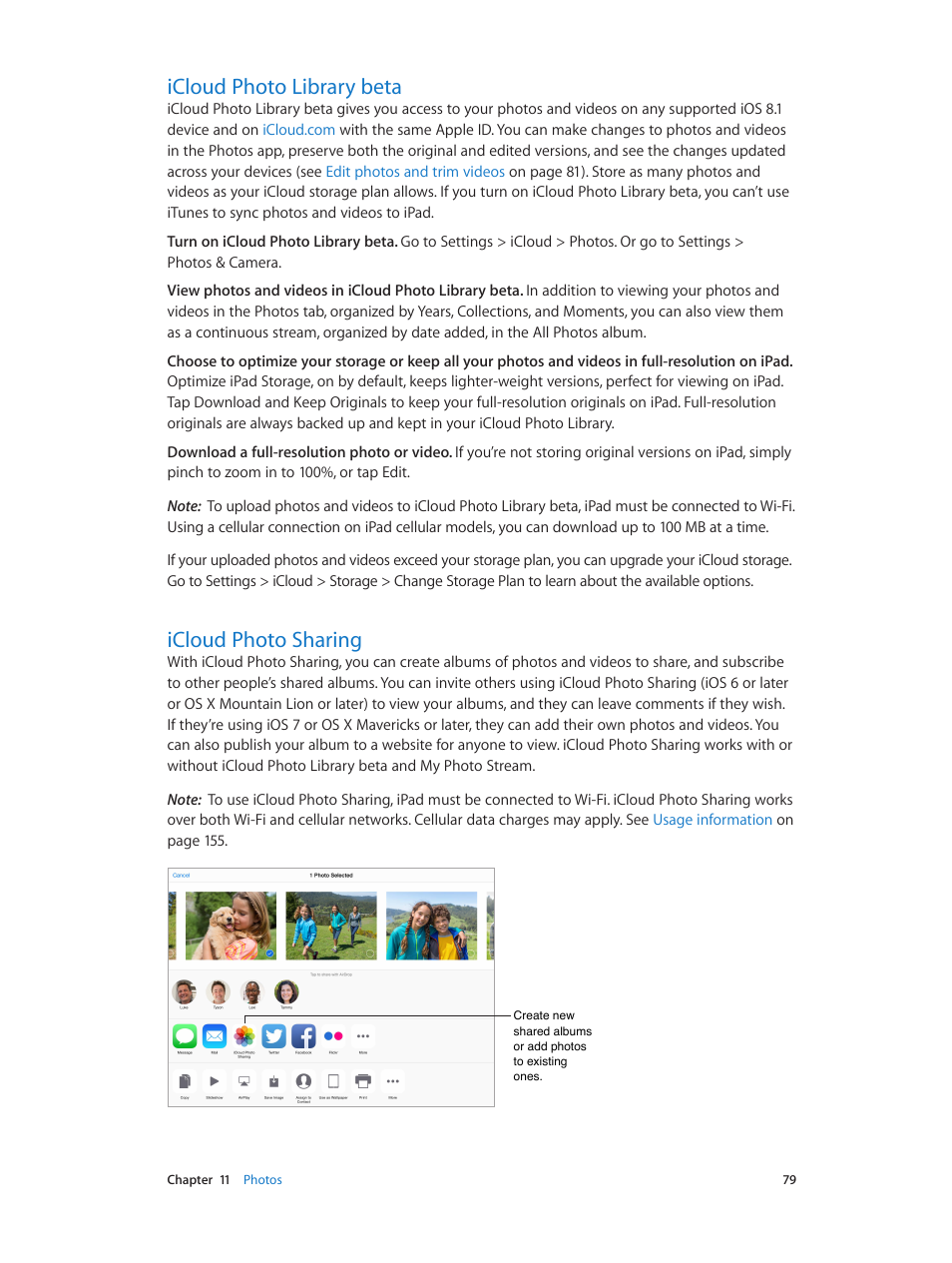 Icloud photo library beta, Icloud photo sharing, Loud (see | Apple iPad iOS 8.1 User Manual | Page 79 / 164