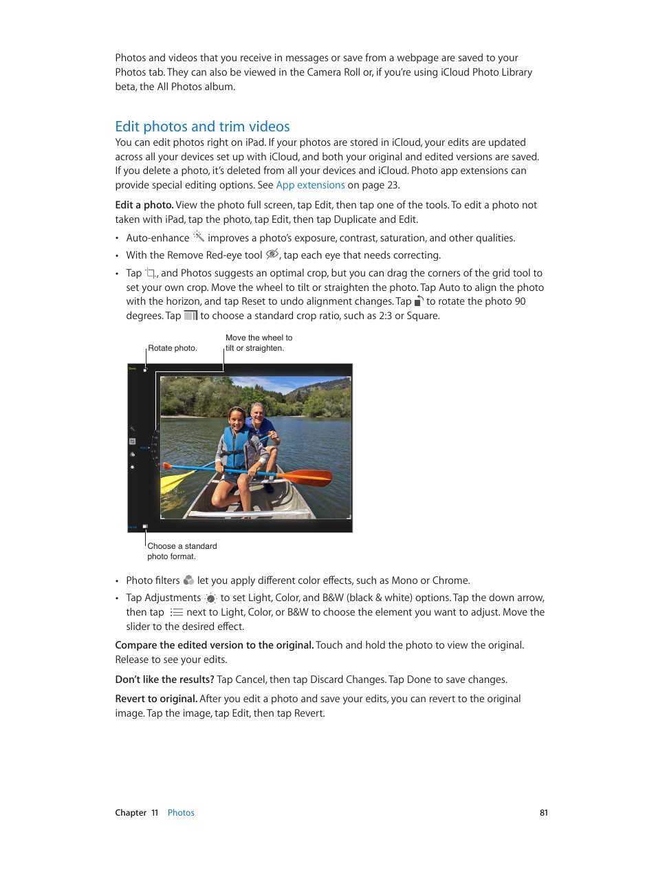 Edit photos and trim videos, 81 edit photos and trim videos, S (see | Apple iPad iOS 8.1 User Manual | Page 81 / 164