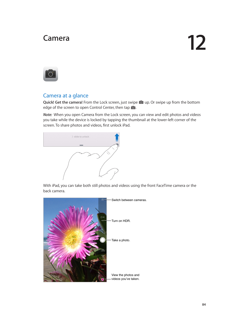 Chapter 12: camera, Camera at a glance, 84 camera at a glance | Camera | Apple iPad iOS 8.1 User Manual | Page 84 / 164