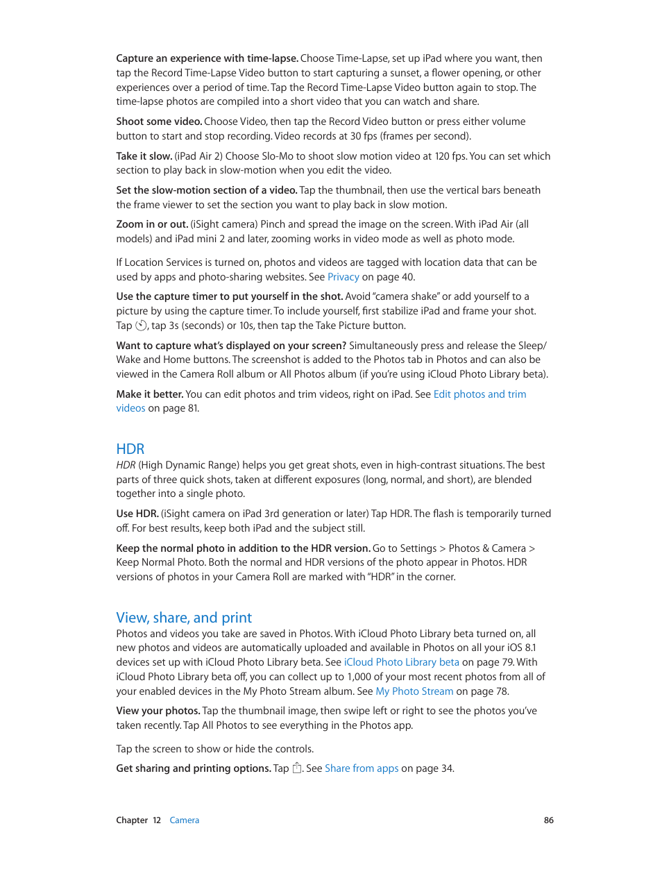 View, share, and print, 86 hdr 86 view, share, and print | Apple iPad iOS 8.1 User Manual | Page 86 / 164