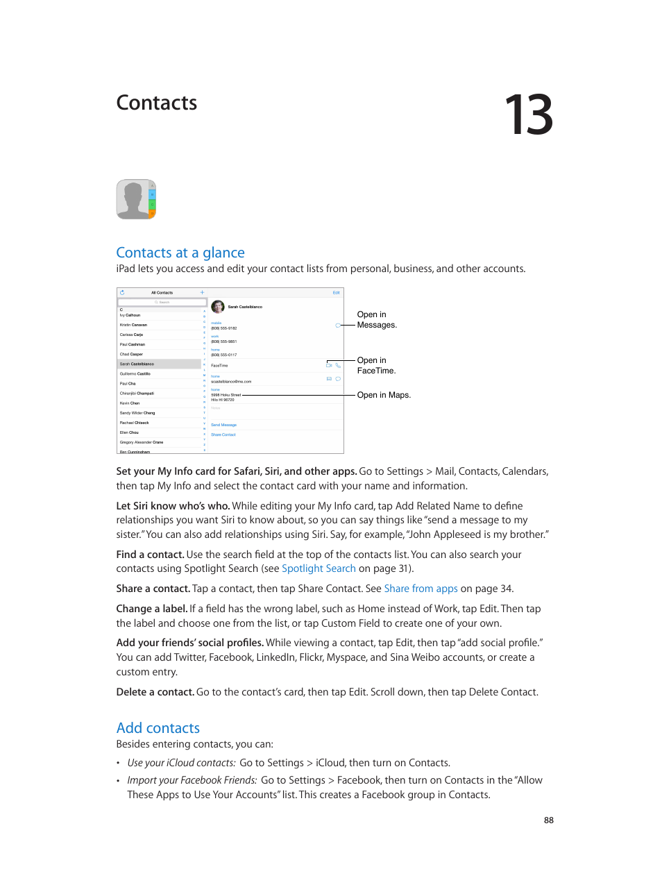 Chapter 13: contacts, Contacts at a glance, Add contacts | 88 contacts at a glance 88 add contacts, Contacts | Apple iPad iOS 8.1 User Manual | Page 88 / 164