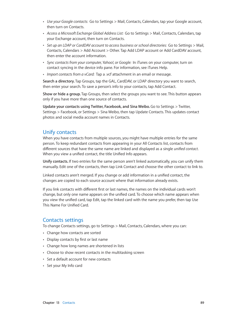 Unify contacts, Contacts settings, 89 unify contacts 89 contacts settings | Apple iPad iOS 8.1 User Manual | Page 89 / 164