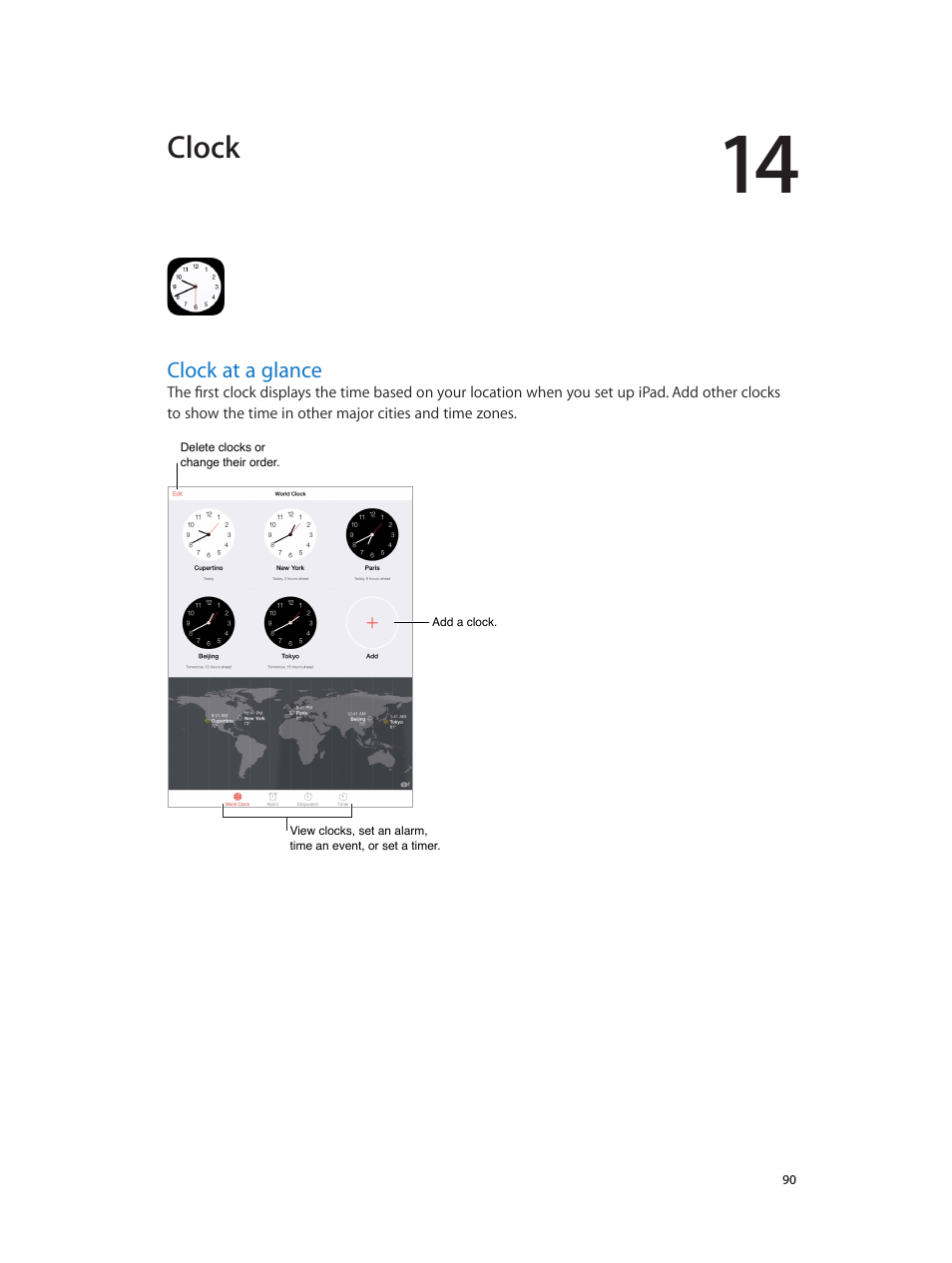 Chapter 14: clock, Clock at a glance, 90 clock at a glance | Clock | Apple iPad iOS 8.1 User Manual | Page 90 / 164