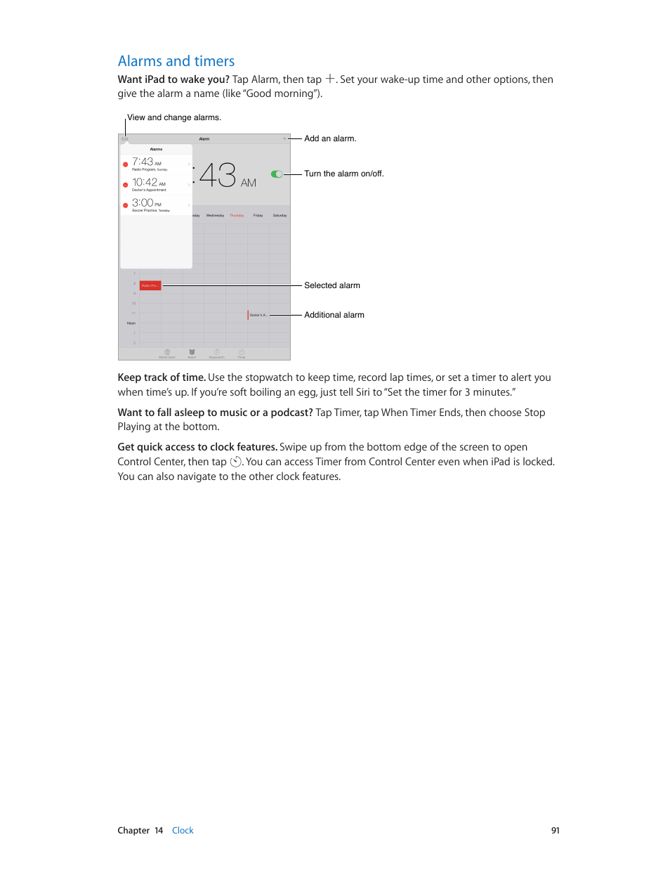 Alarms and timers, 91 alarms and timers | Apple iPad iOS 8.1 User Manual | Page 91 / 164