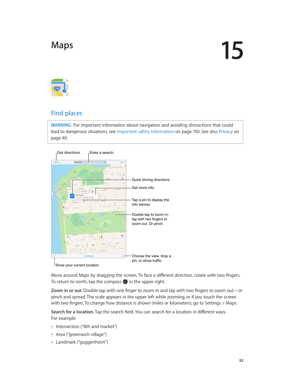 Chapter 15: maps, Find places, 92 find places | Maps | Apple iPad iOS 8.1 User Manual | Page 92 / 164