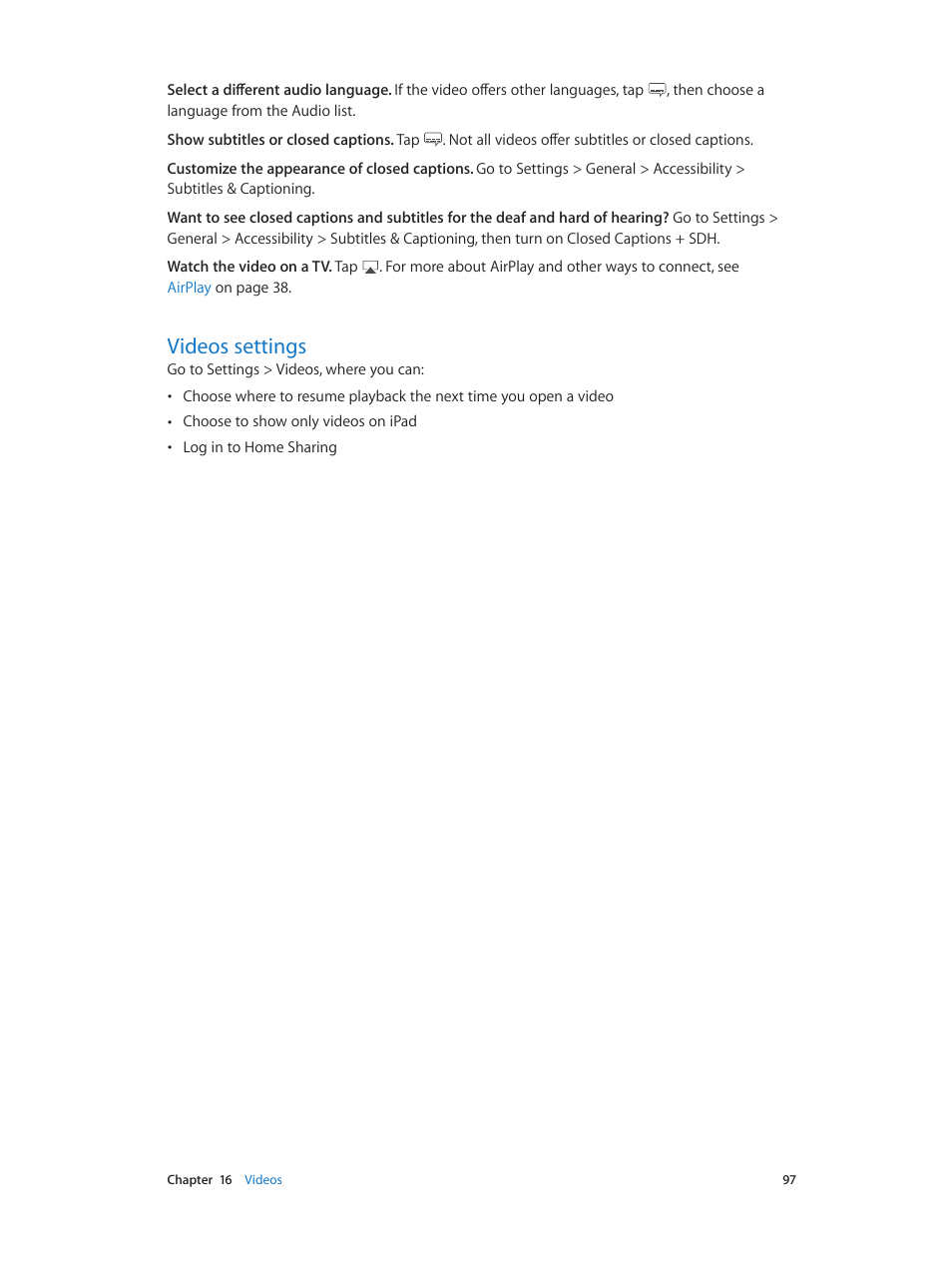 Videos settings, 97 videos settings | Apple iPad iOS 8.1 User Manual | Page 97 / 164