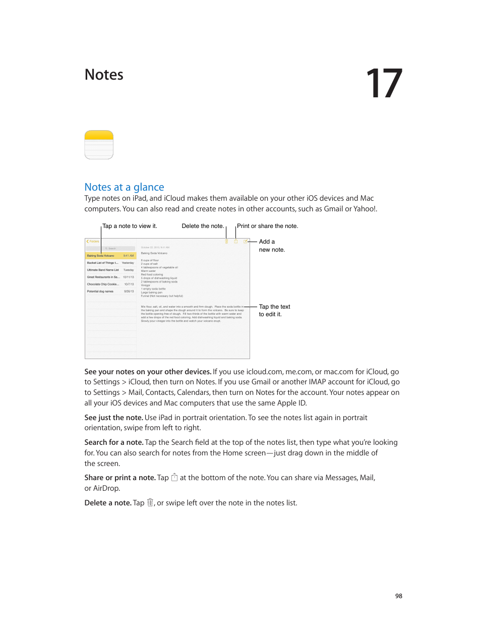 Chapter 17: notes, Notes at a glance, 98 notes at a glance | Apple iPad iOS 8.1 User Manual | Page 98 / 164