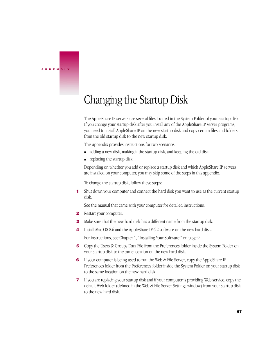 Changing the startup disk | Apple AppleShare IP 6.2 User Manual | Page 67 / 70