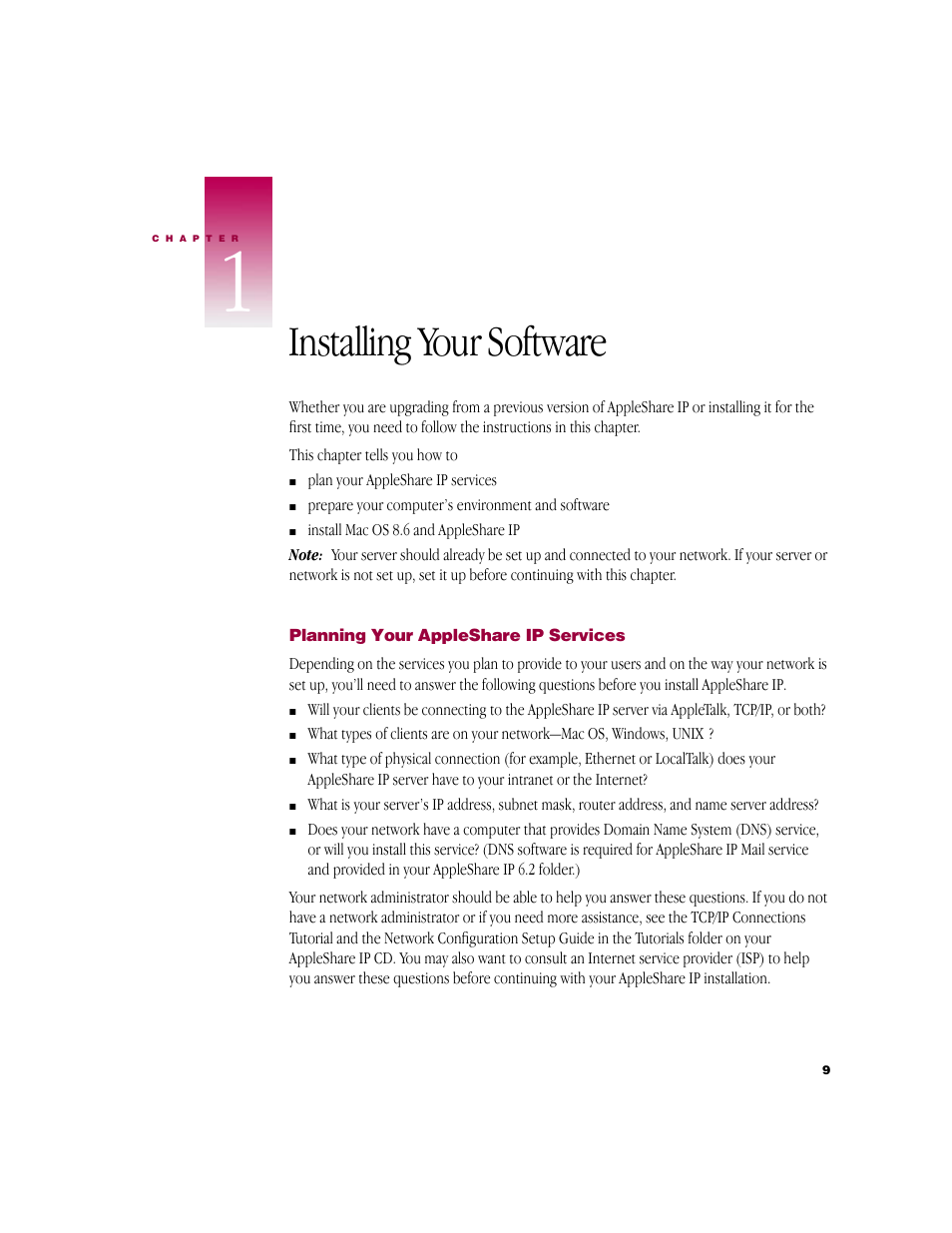 Installing your software | Apple AppleShare IP 6.2 User Manual | Page 9 / 70