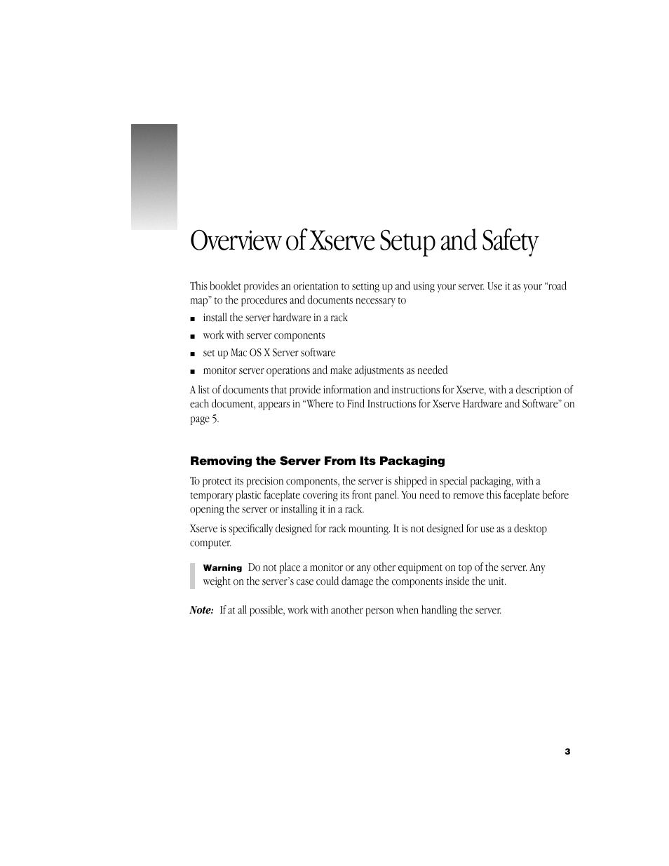 Overview of xserve setup and safety, Removing the server from its packaging | Apple Xserve (Slot Load) User Manual | Page 3 / 8