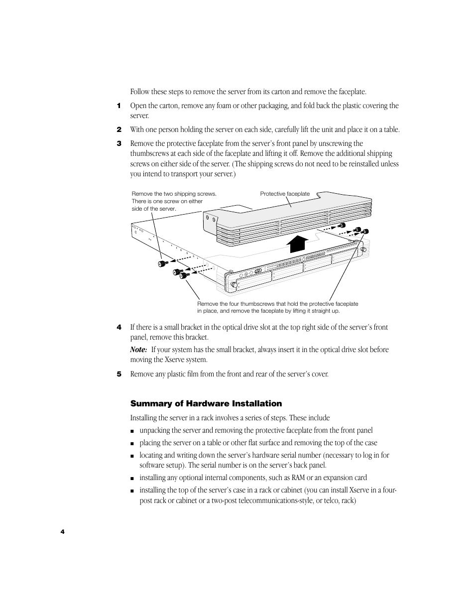 Summary of hardware installation | Apple Xserve (Slot Load) User Manual | Page 4 / 8