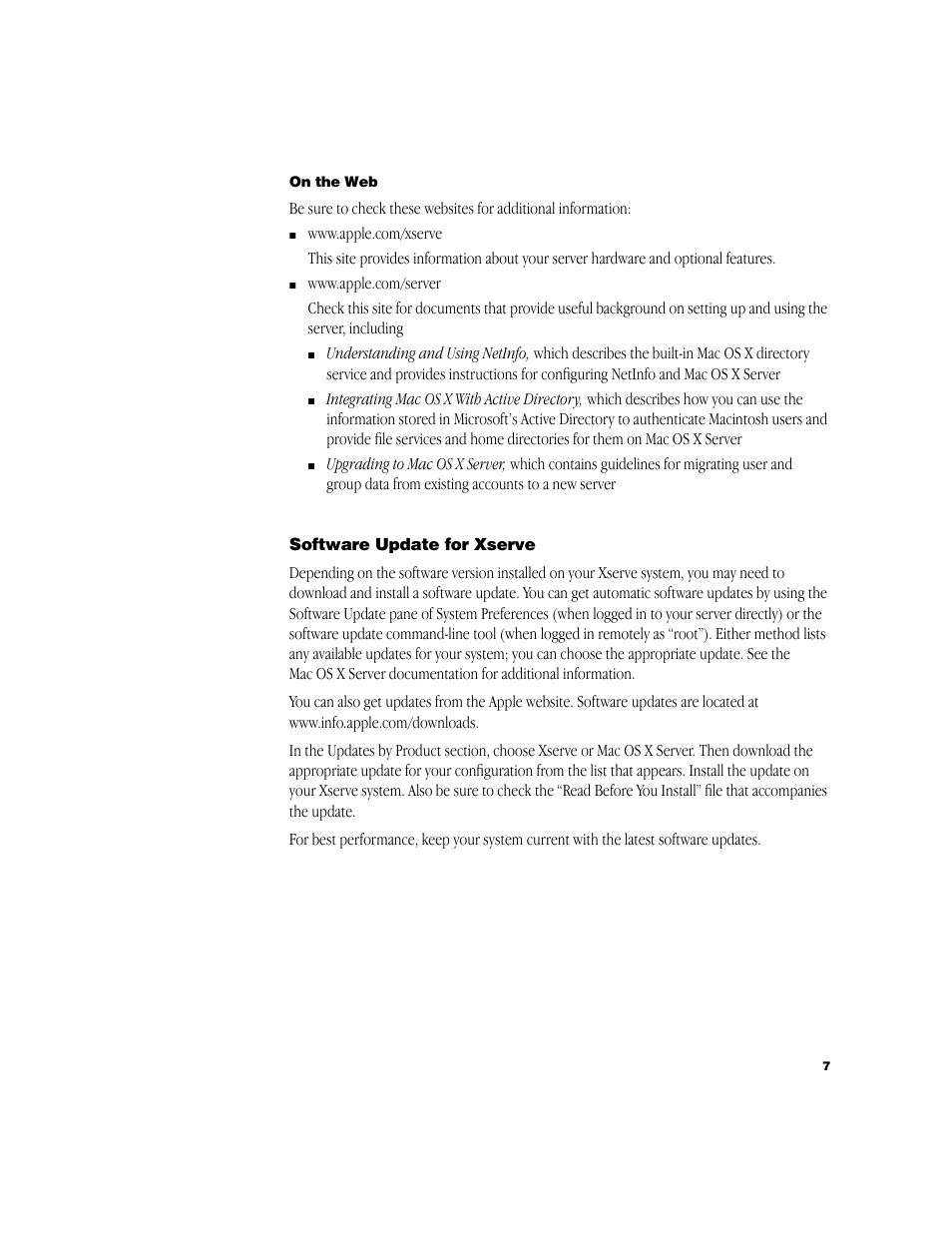 On the web, Software update for xserve | Apple Xserve (Slot Load) User Manual | Page 7 / 8