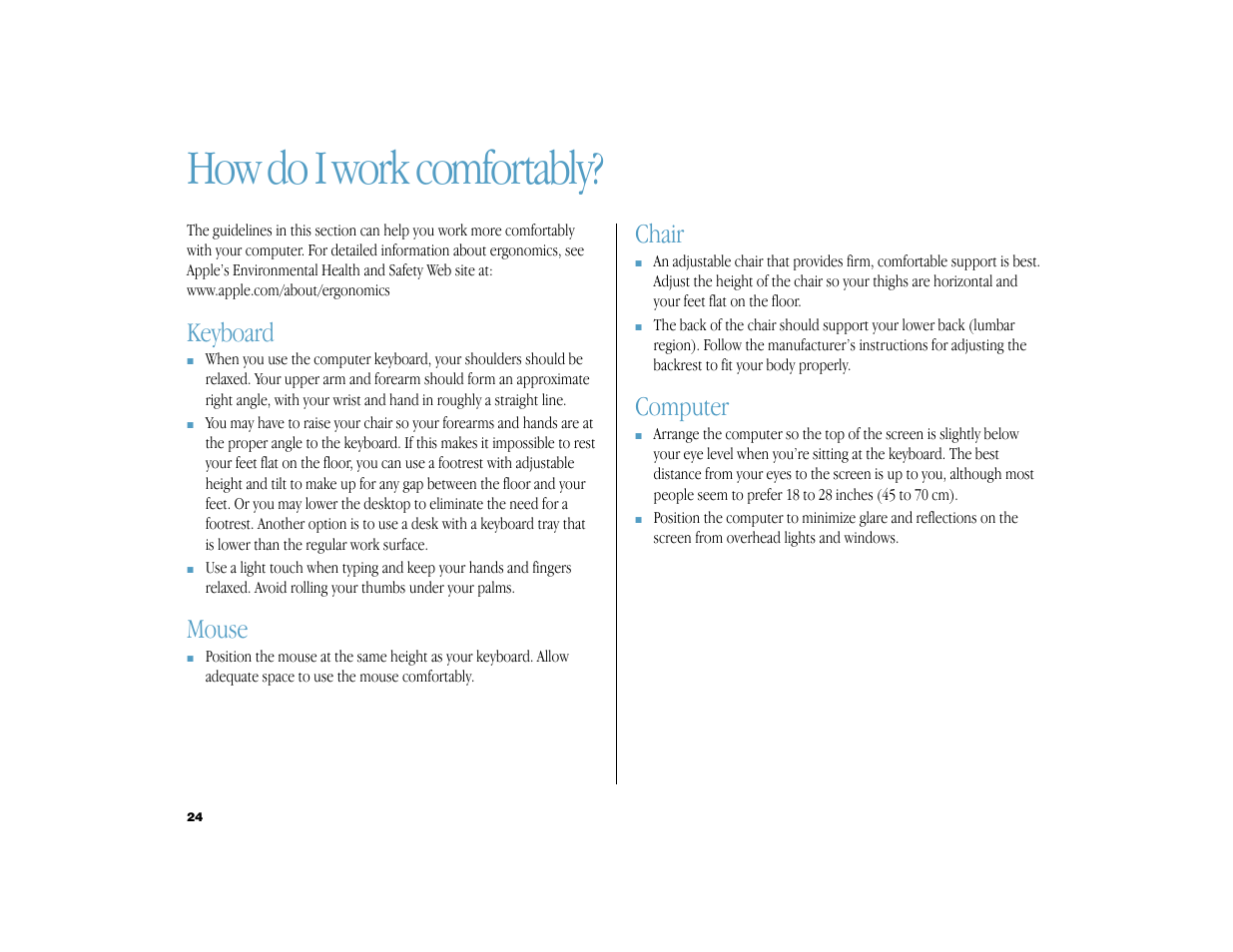 How do i work comfortably, Keyboard, Mouse | Chair, Computer | Apple iMac G3 (DV) User Manual | Page 24 / 33