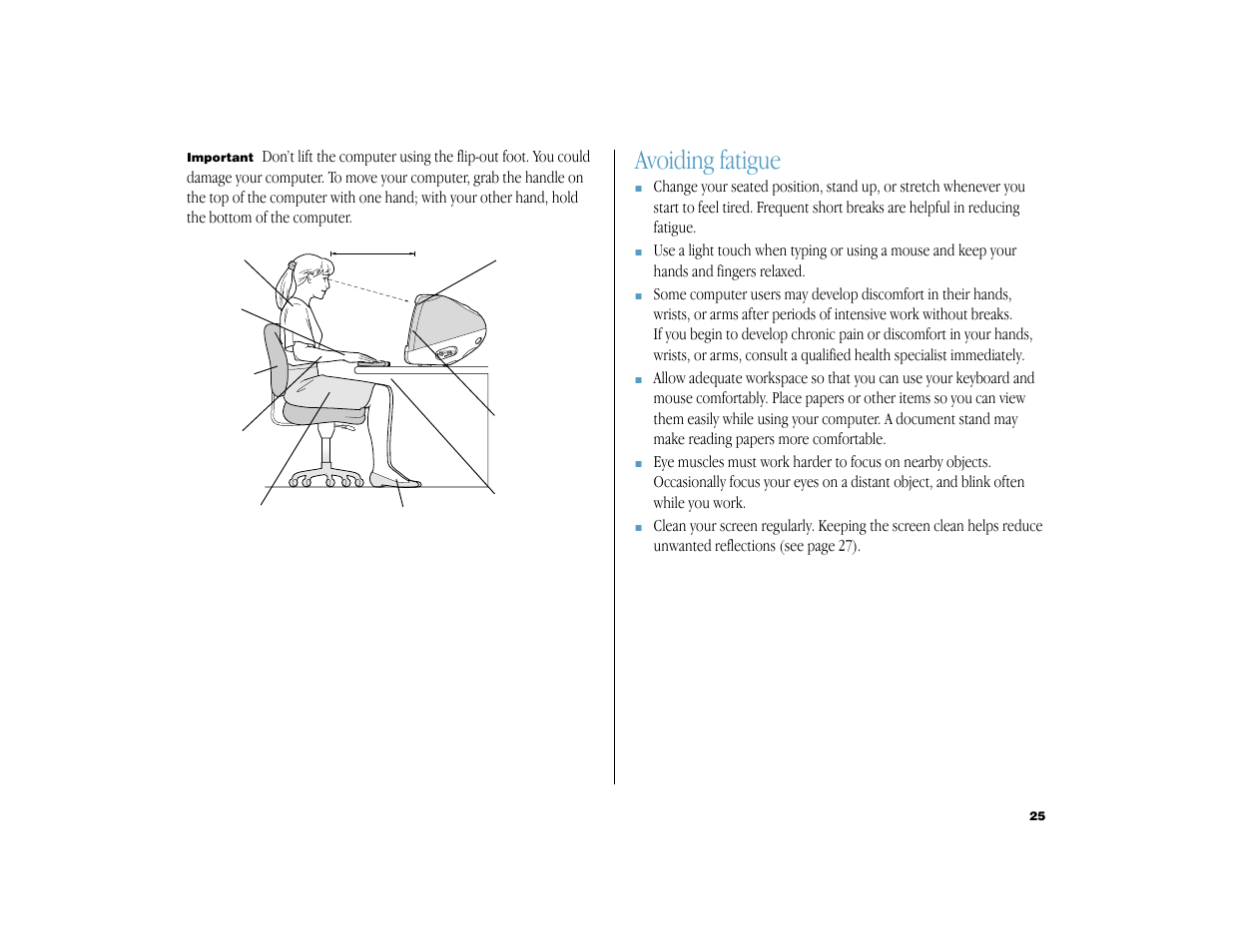 Avoiding fatigue | Apple iMac G3 (DV) User Manual | Page 25 / 33