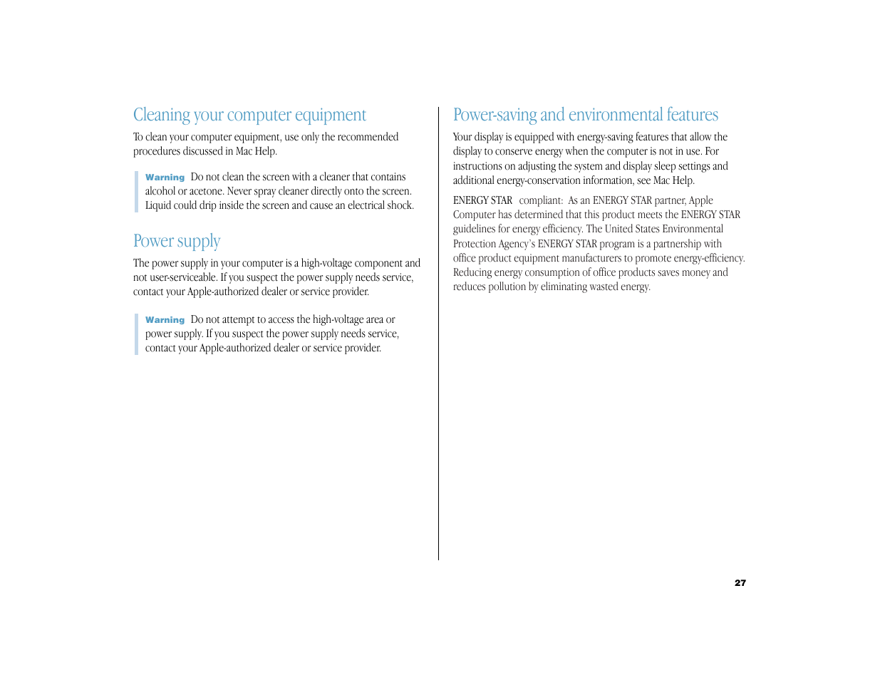Cleaning your computer equipment, Power supply, Power-saving and environmental features | Apple iMac G3 (DV) User Manual | Page 27 / 33