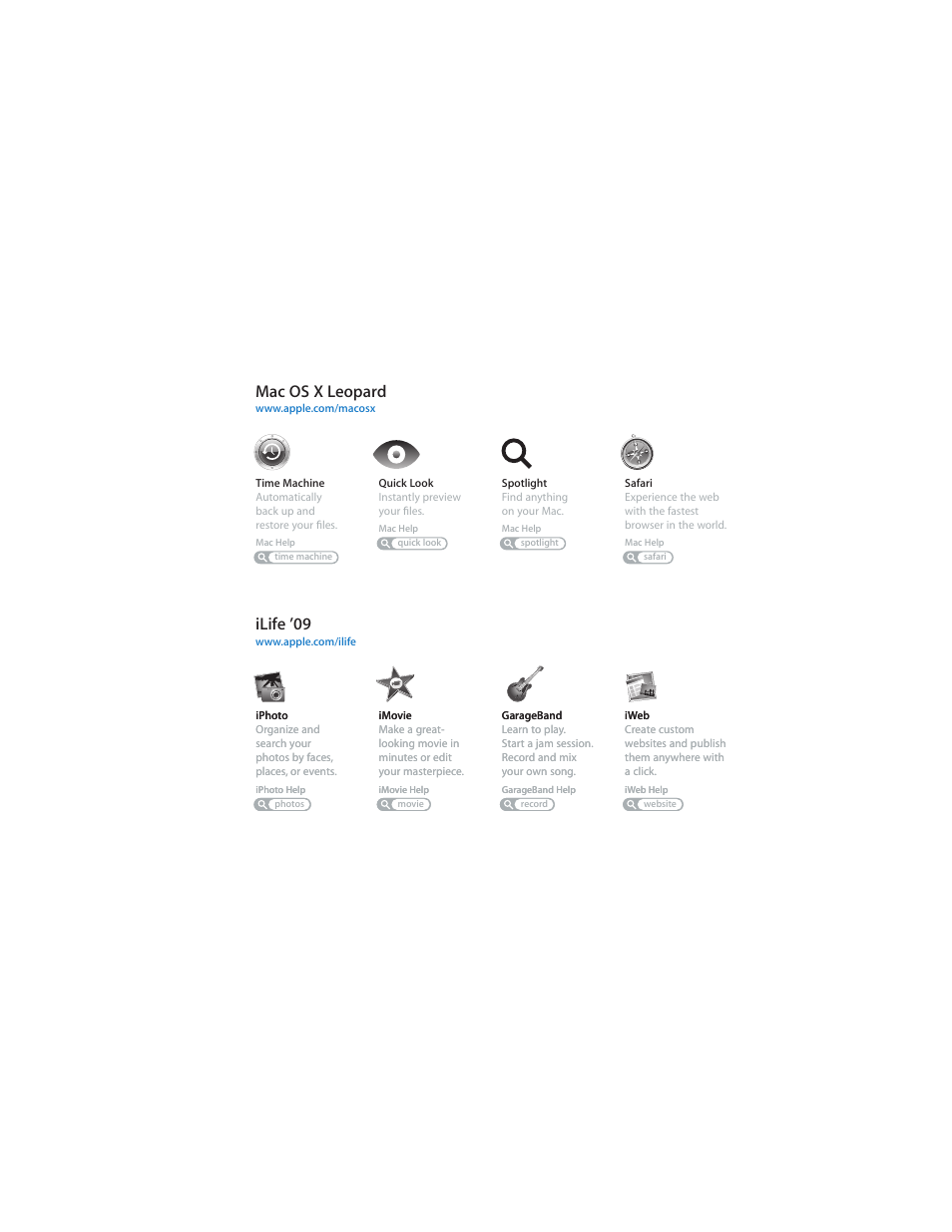 Mac os x leopard, Ilife ’09 | Apple MacBook Pro (17-inch, Early 2009) User Manual | Page 3 / 88
