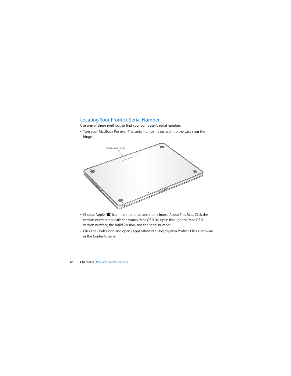 Locating your product serial number | Apple MacBook Pro (17-inch, Early 2009) User Manual | Page 66 / 88