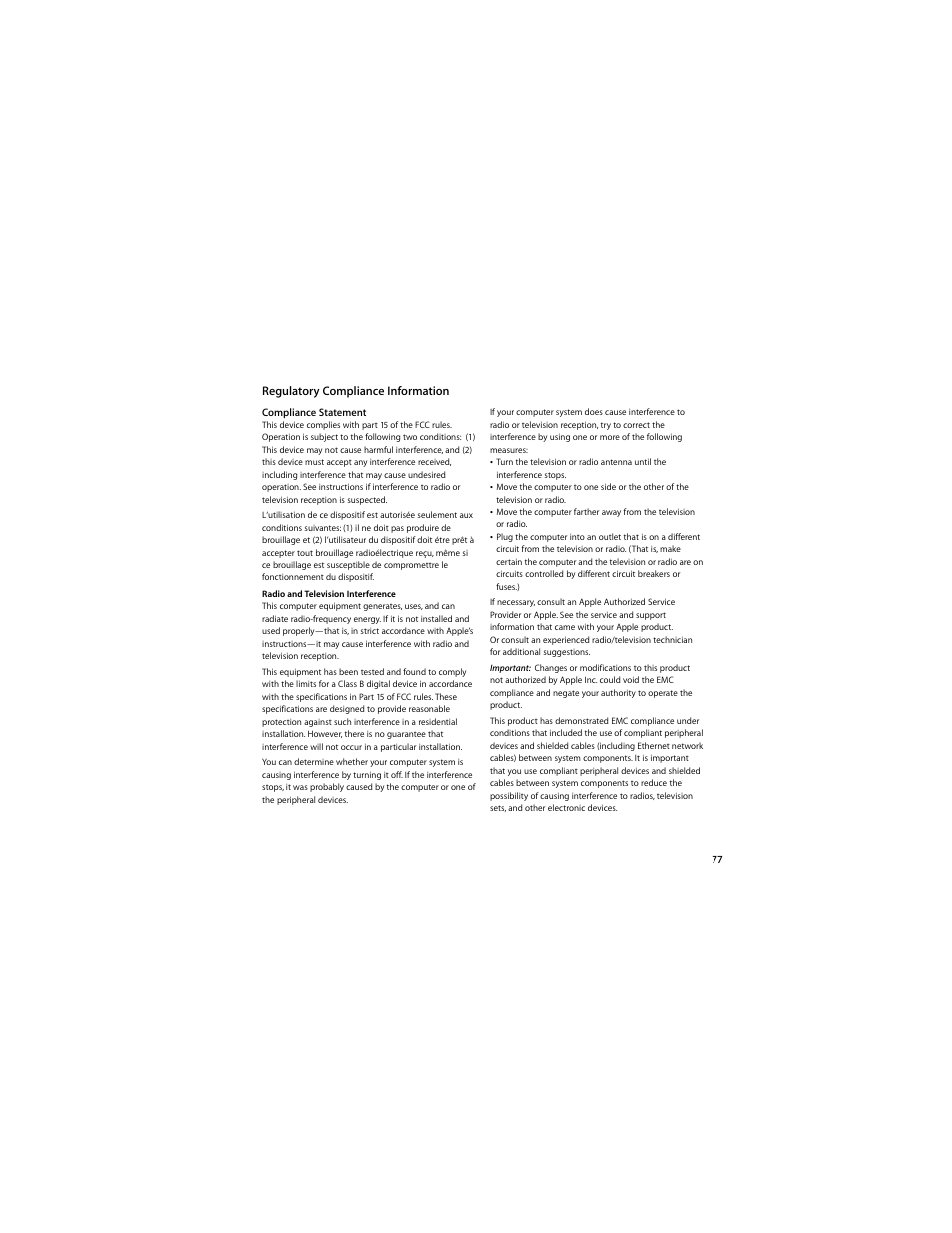 Regulatory compliance information | Apple MacBook Pro (17-inch, Early 2009) User Manual | Page 77 / 88