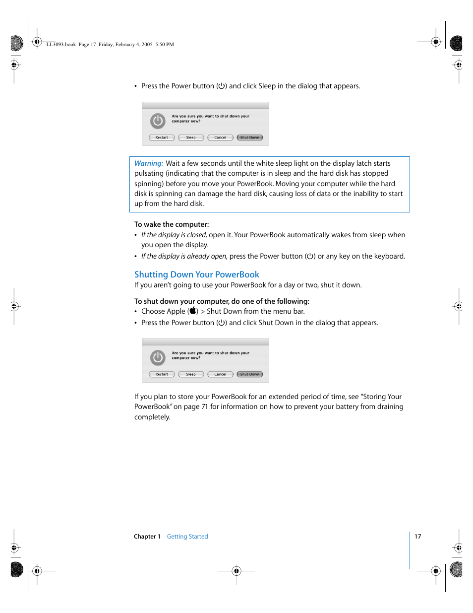 Shutting down your powerbook | Apple PowerBook G4 (12-inch, 1.5 GHz) User Manual | Page 17 / 112