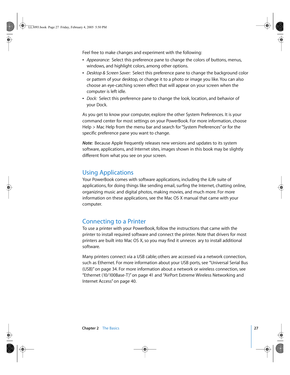 Using applications, Connecting to a printer | Apple PowerBook G4 (12-inch, 1.5 GHz) User Manual | Page 27 / 112