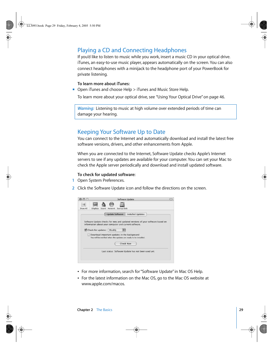 Playing a cd and connecting headphones, Keeping your software up to date | Apple PowerBook G4 (12-inch, 1.5 GHz) User Manual | Page 29 / 112