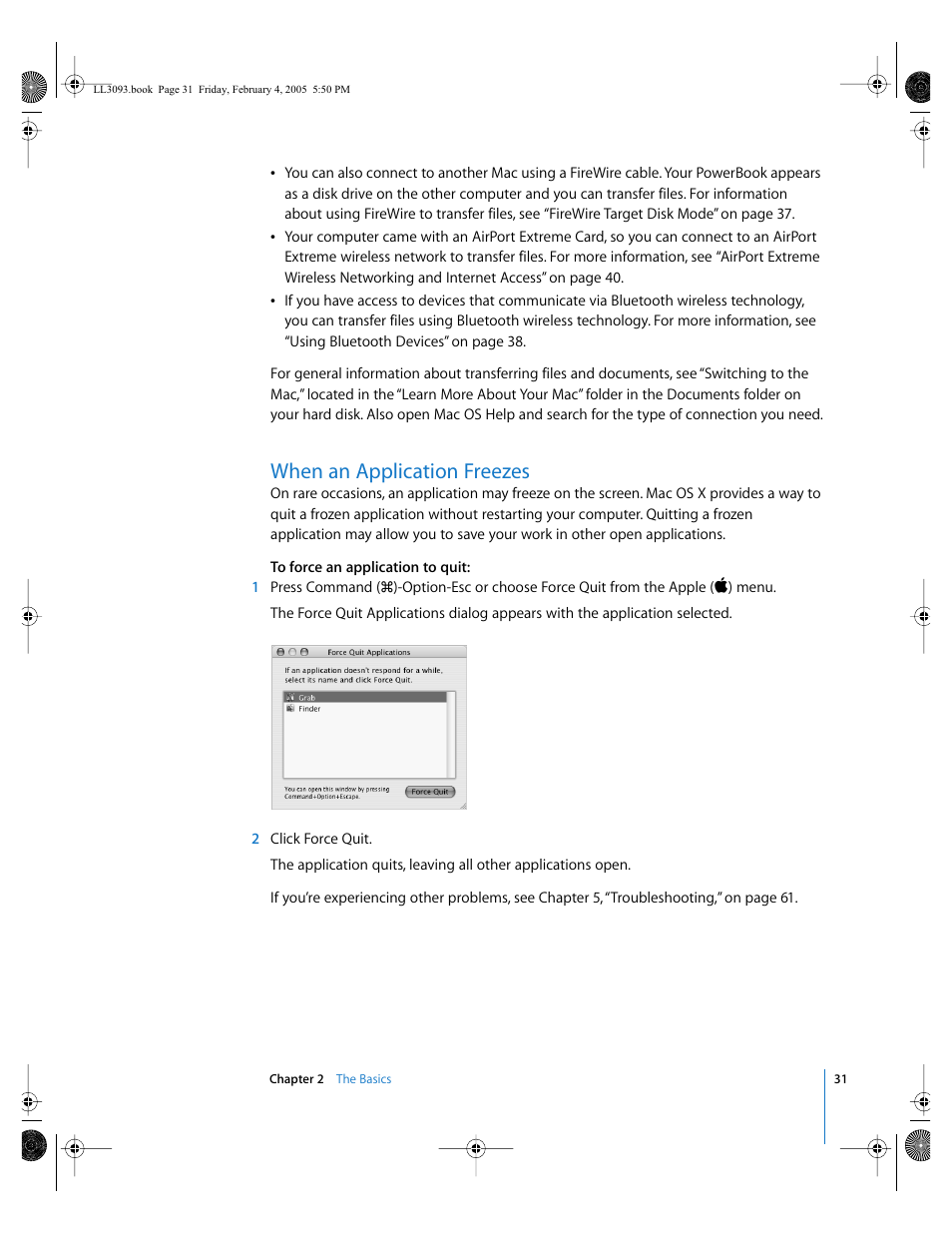 When an application freezes | Apple PowerBook G4 (12-inch, 1.5 GHz) User Manual | Page 31 / 112