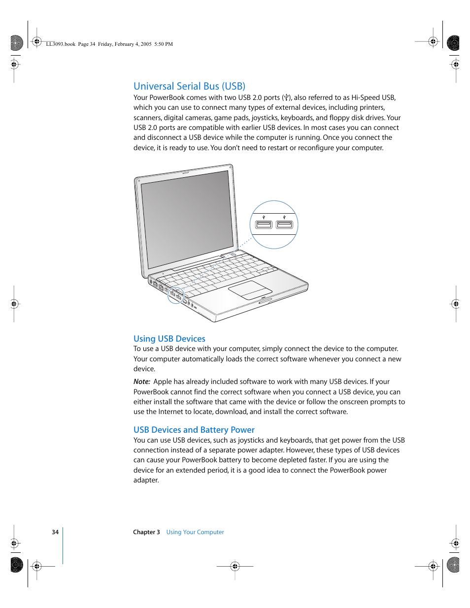 Universal serial bus (usb), Using usb devices, Usb devices and battery power | Apple PowerBook G4 (12-inch, 1.5 GHz) User Manual | Page 34 / 112