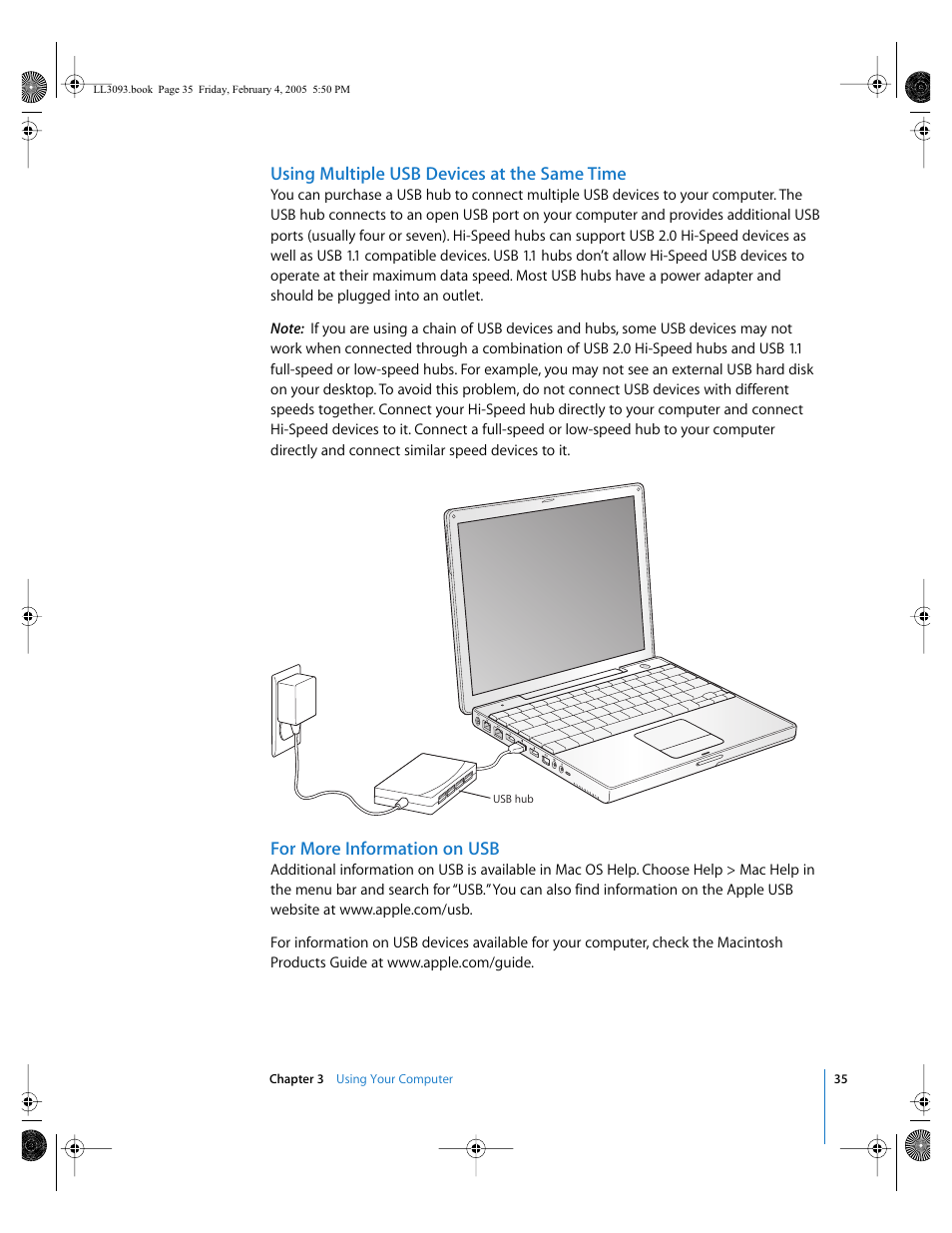 Using multiple usb devices at the same time, For more information on usb | Apple PowerBook G4 (12-inch, 1.5 GHz) User Manual | Page 35 / 112