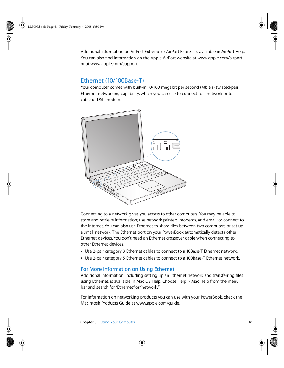 Ethernet (10/100base-t), For more information on using ethernet | Apple PowerBook G4 (12-inch, 1.5 GHz) User Manual | Page 41 / 112