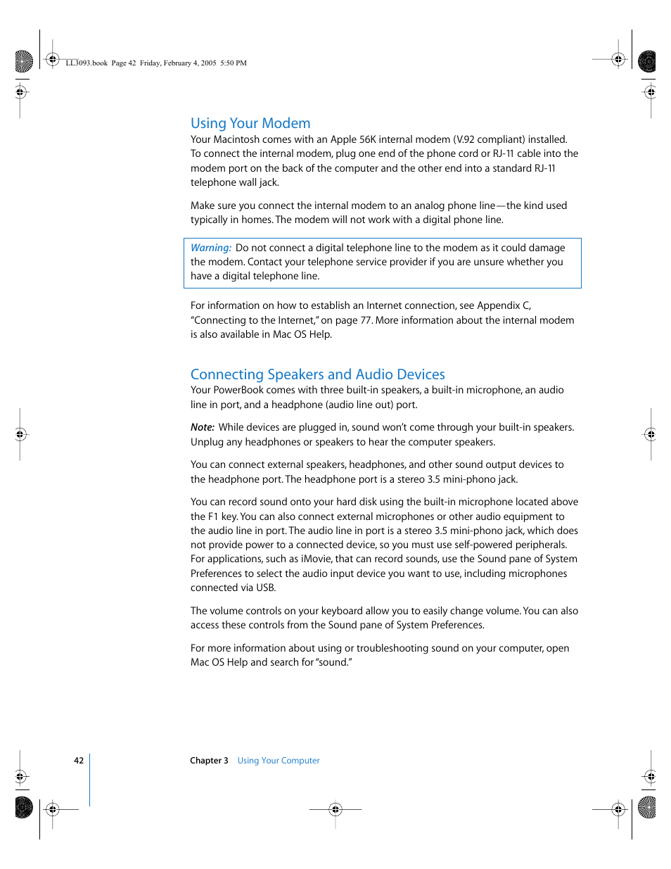 Using your modem, Connecting speakers and audio devices | Apple PowerBook G4 (12-inch, 1.5 GHz) User Manual | Page 42 / 112