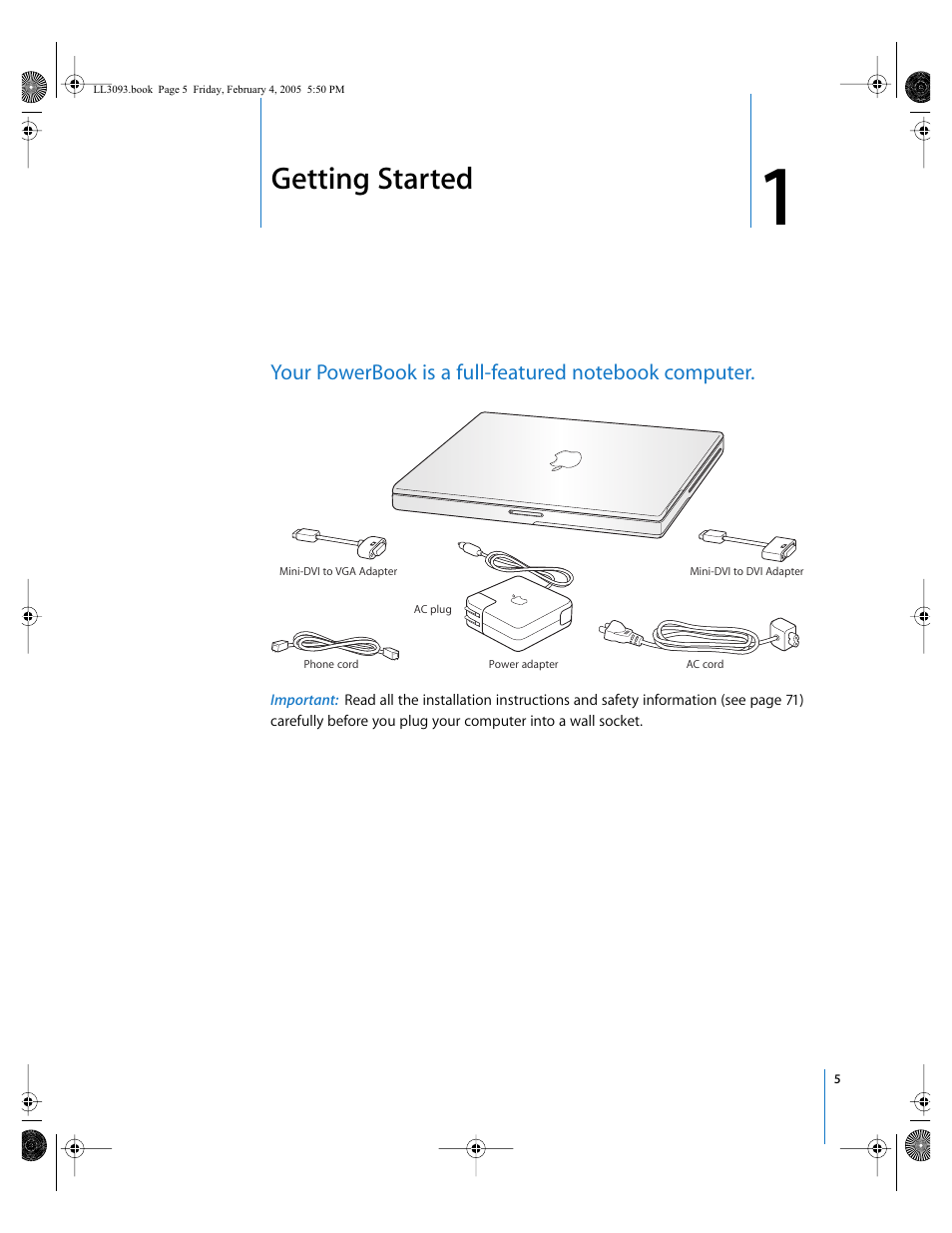 Getting started, Chapter 1 | Apple PowerBook G4 (12-inch, 1.5 GHz) User Manual | Page 5 / 112